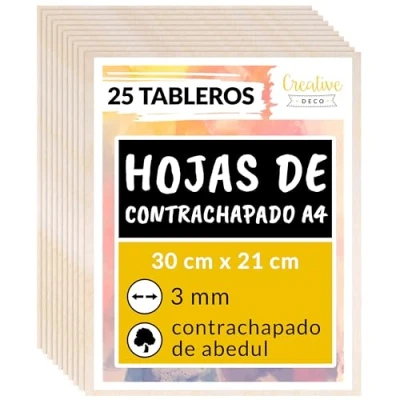 Imagen de Creative DECO 25 x A4 Tablero Madera Manualidades Contrachapado 300 210 3 mm (+/ 0.5mm) Chapa Maciza Abedul Maderas para Bricolaje Pirograbado, Corte por Laser, CNC Router, Modelado