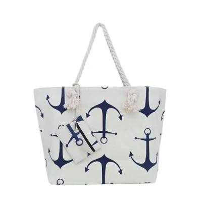 Imagen de DonDon bolsa de playa grande con cremallera 58 x 38 18 cm diseño marítimo ancla beis azul shopper hombro estilo yate (yacht style)