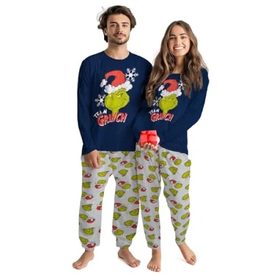 Imagen de The Grinch Pijama para Hombre y Mujer Conjunto de Manga Larga Top con Pantalones Azul/Gris, azul gris, XL