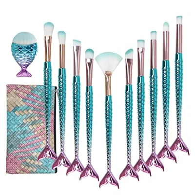 Imagen de Pinceles de Maquillaje Sirena, NIZIYI 11 Piezas Cepillo Kit Brochas Profesional para Sombra Ojos, Corrector, Delineador Juego Eyebrow, Facial