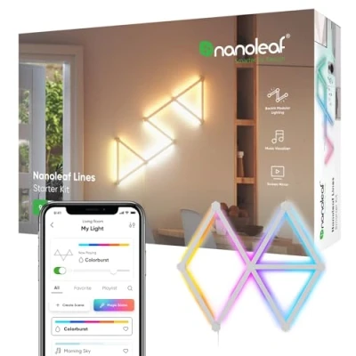 Imagen de Nanoleaf Lines Kit de Inicio 9 ángulo 60 Barras Luz Inteligentes Led RGBW Modulares, Apliques Pared Interior, Luces 16M Colores WiFi, Compatible Alexa Google Home, Decoración Habitación