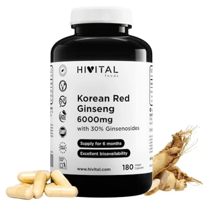 Imagen de Ginseng Rojo Coreano 6000 mg. 180 cápsulas veganas para 6 meses. Con un 30% de Ginsenosidos por cápsula. Aumenta los niveles energía, y mejora la concentración, memoria resistencia atlética
