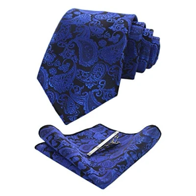 Imagen de JEMYGINS Conjunto de Corbata y Pañuelo para Hombre Elegante Paisley Graziös con Pinza Azul2