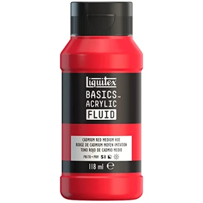 Imagen de Liquitex Basics Fluid Pintura acrílica de consistencia fluida, secado rápido, resistente a la luz, impermeable, acabado satinado permanente, bote 118 ml, tono rojo cadmio medio