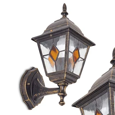 Imagen de aplique de exterior Antibes, hacia arriba en aspecto antiguo, aluminio fundido marrón/oro con cristales, E27, retro/vintage para terraza y patio, sin bombilla(s)