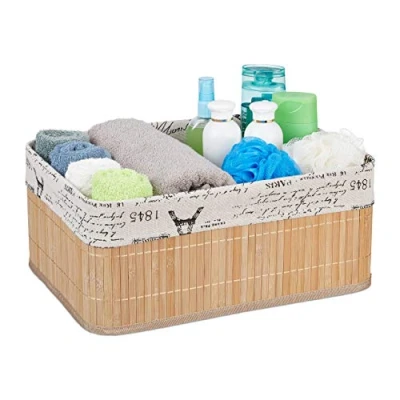 Imagen de Relaxdays Almacenamiento, Funda Tela Diseño Retro, Bambú, Rectangular, Cesta Estante Baño, 16,5x38x28,5cm, Natural, Poliéster