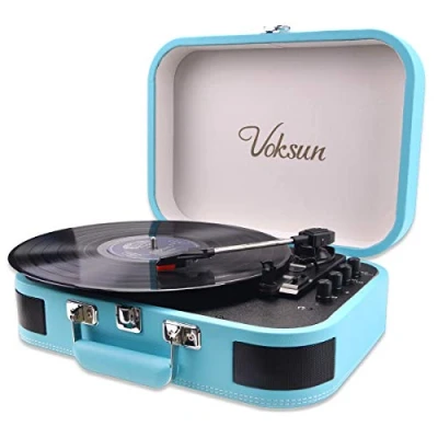 Imagen de Tocadiscos de Vinilo, VOKSUN Bluetooth con Altavoz, Transmisión por Correa 33/45/78 Vueltas/min, Estuche, Función Vinilo MP3/USB/Aux In/RCA (Azul)