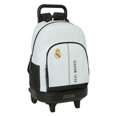 Imagen de Real Madrid 1ª EQUIPACIÓN 24/25 Mochila Grande con Ruedas, Compacta, Extraíble, Ideal para Niños de Diferentes Edades, Cómoda y Versátil, Calidad Resistencia, 33x22x45 cm, Color Blanco/Gris