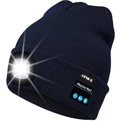 Imagen de ATNKE LED Luminoso Bluetooth Gorro Sombrero, USB Recargable 4 Inalámbrico Musical Gorras Correr Super Brillante Impermeable Luz Invierno Cálido Regalos para Hombre y Mujer/Navy Blue