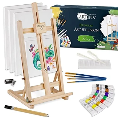 Imagen de Artina Set de 25 piezas Premium Lisbon con Caballete mesa pinturas acrílicas para artistas bastidores, y más pintura madera haya certificación FSC