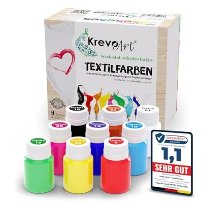 Imagen de Krevo Art Pinturas para telas resistentes al lavado, juego de 9 x 20 ml colores tela en frascos pintar diferentes textiles