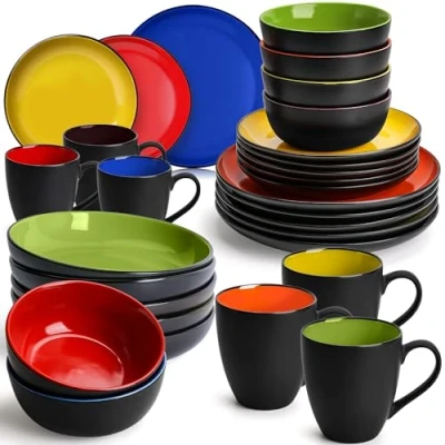 Imagen de MIAMIO Juego de Vajilla 30 Piezas para 6 Personas/Vajilla Gres Incluye Platos, Tazones y Tazas Apto Microondas Lavavajillas Colección Le Papillon (Mixto)