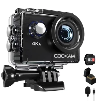 Imagen de GOOKAM Cámara Deportiva 4K WiFi 20MP Ultra HD Acción Sumergible 40M Camaras Acuática 170 Gran Angular 2.4G Remoto y Micrófono Externo con 2 Baterías de 1050mAh Accesorios Multiples GO