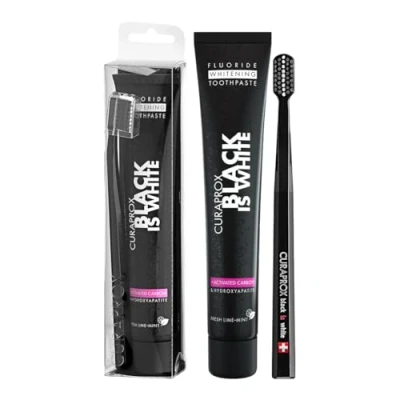 Imagen de Curaprox Black is White Set de Pasta Dientes con Carbón Activado y Cepillo Manual 90 ml