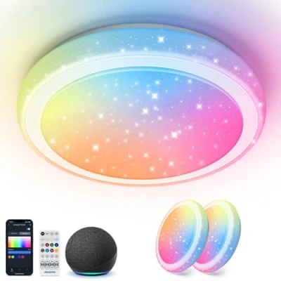 Imagen de Aigostar Mesh Plafon LED Techo Bluetooth Mesh, Φ39CM, 24W, 2650LM, 3000K 6500K y RGB regulable, IP44, Plafón Inteligente Compatible con Alexa, Lampara para Salón/Dormitorio/Cocina, 2Uds