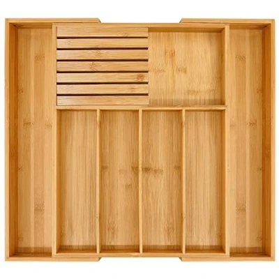 Imagen de VaeFae Organizador de bambú para utensilios cocina, bandeja cubiertos extensible con divisor, soporte y almacenamiento cuchillos 33 55cm