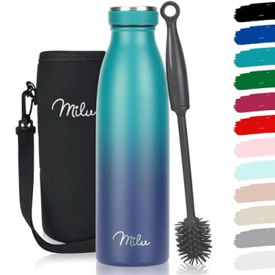 Imagen de Milu botella de acero inoxidable 350ml 500ml 750 ml 1 L 1,5 agua aislada, termo a prueba fugas, doble pared, apta para ácido carbónico + cepillo limpieza (Azul Verde, 500ml)