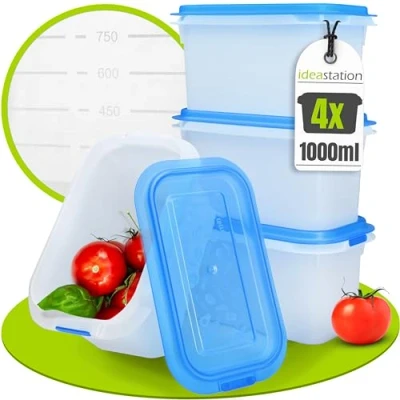 Imagen de idea station recipientes para alimentos 4 piezas 1000 ml contenedores de plastico irrompibles congelar aptos y sin BPA
