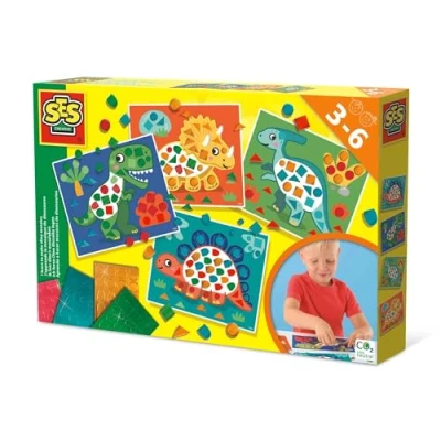 Imagen de SES Creative 14641 I Learn to Make Dino Mosaicos, 4 tarjetas de dinosaurio grandes con calcomanías metálicas, juego completo para niños