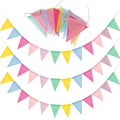 Imagen de Banderines de 60 banderas, banderas triangulares 68 pies, multicolor impermeable al aire libre, suministros arpillera lino imitado para bodas, fiestas cumpleaños