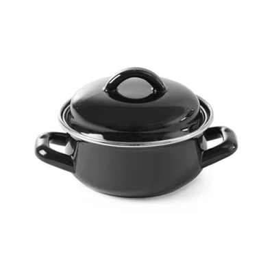 Imagen de HENDI Cazuela con tapa, olla, para sopas y salsas, cocinar servir, sólo apta cocinas de gas, 0.65 L, diámetro 135x(h)110 mm, acabado esmaltado negro, reborde acero inoxidable