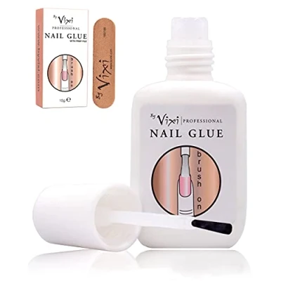 Imagen de 15g By Vixi PEGAMENTO PARA UÑAS ULTRAFUERTE con PINCEL y LIMA de GRATUITA Adhesivo transparente secado instantáneo, calidad salón belleza profesional