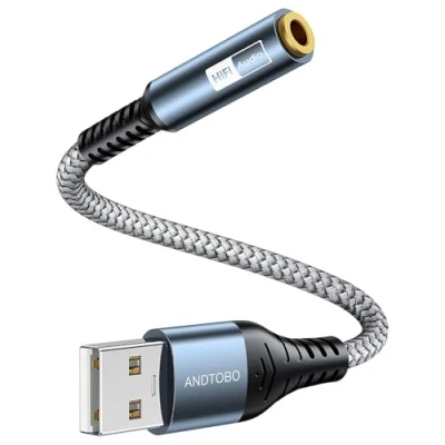 Imagen de Adaptador de conector audio USB a 3,5 mm, tarjeta sonido estéreo externa con convertidor mm para auriculares, altavoz, PS4, PC, computadora portátil