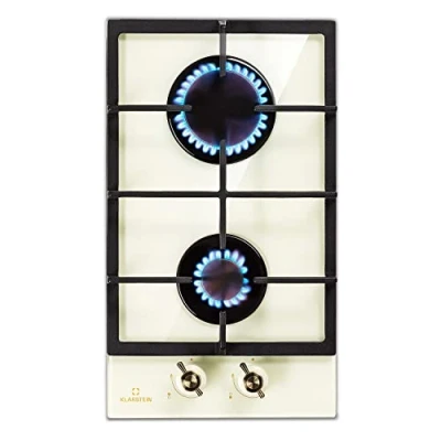 Imagen de Placa a gas butano Victoria, empotrada, quemador Sabaf, natural/propano, desconexión automática, soporte para ollas de hierro fundido, vitrocerámica aspecto retro, 2 fuegos, color blanco