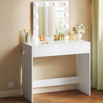 Imagen de WOLTU Tocador Maquillaje, con Espejo y Luz LED de 10 Bombillas, Iluminación Regulable en 3 Niveles, Mesa 2 Cajones, 80x39,5 cm, Blanco, MB6101ws