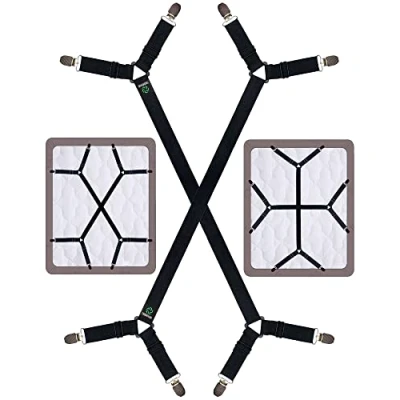 Imagen de FIBOOMERANG Clips para sábanas, correas cruzadas, sujetadores, sábanas bajeras, sábana encimera en su lugar, colchón de esquina, soportes pinzas (2 piezas/juego, negro)