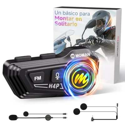Imagen de Moman Auriculares Casco Moto, RS H4P Manos Libres Inalámbricos 5.1 HiFi Estéreo Dual Reducción de Ruido【Versión Nueva】en RGB/Radio FM/Botón Apto para Guantes/Asistente Voz