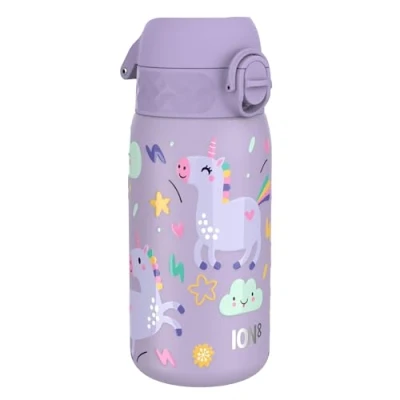 Imagen de ION8 Botella Agua Acero Inoxidable para Niños, 400ml, a Prueba de Fugas, Fácil Abrir, Cerradura Segura, Apta Lavavajillas, Tapa Abatible, Asa Transporte, Limpiar, Unicornio Púrpura