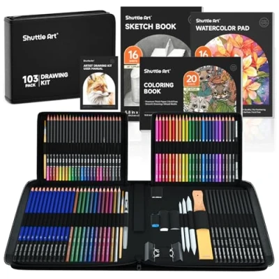 Imagen de Shuttle Art 103PCS Kit de Dibujo Artístico, Set Profesional Incluye Lápices Colores, Lapices Acuarelables, Bocetos, Grafito, Carboncillo, Herramientas para Adultos Niños Artista
