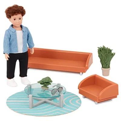 Imagen de Lori Mini Boy Doll &amp; Toy Living Room Furniture 6 Inch Dollhouse Accessories Sofa, Armchair, Coffee Table, Rug, Plants Play Set for Kids 3 Years + Miguel&#039;s Lounge