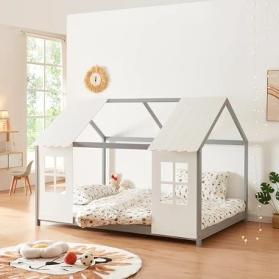 Imagen de [en.casa] Cama Infantil Tostedt para Niños y Niñas en Forma de Casa con Ventanas Techo Somier máx. 200 kg Montessori 120 x cm Madera Pino Gris/Blanco