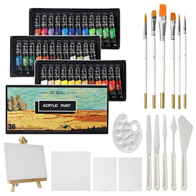 Imagen de GC QUILL 36 Colores Pinturas Acrilicas Kit 12 ml con Pintura Cuchillos, Paleta, Caballete Manualidades para Lienzos, Papel, Madera, Cerámica, Telas APK36