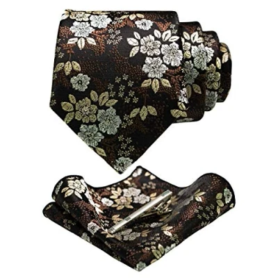 Imagen de JEMYGINS Conjunto de Corbata con Flores y Pañuelo para Hombre Pinza Disponible Marrón/Marrón Oscuro