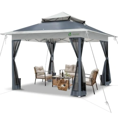 Imagen de VOUNOT Carpa Plegable Gazebo 3.6x3.6m con Botón Central y Laterales de Malla, Cenador Pabellón Pop Up Jardín Techo Doble Bolsas Arena, Protección UV, para Camping, Fiestas, Exterior, Gris