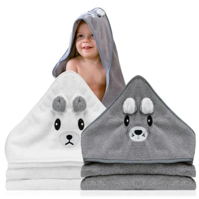Imagen de 2 Unidades Toalla bebe Regalo recien nacido niño Toallas con capucha de animales 0 3 años Albornoz baño Capa Regalos para bebes recién nacidos (Blanco / Gris)