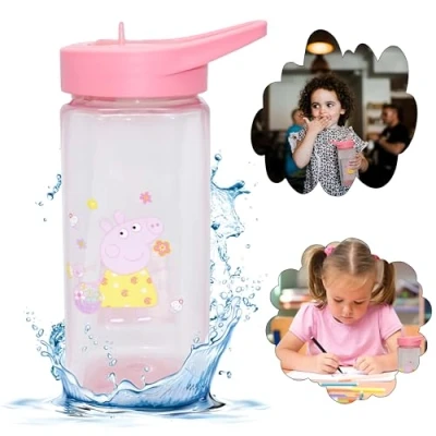 Imagen de Peppa Pig botella de agua con pajita 420 ml, plástico 16 cm, cuadrada, sin BPA, sorbete para niños más 6 meses