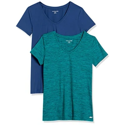 Imagen de Amazon Essentials Camiseta Técnica Elástica de Manga Corta y Cuello en Pico (Disponible Tallas Grandes) Mujer, Pack 2, Azul/Verde Azulado Teñido Multicolor, L