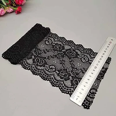 Imagen de Yulakes Cinta elástica de encaje 4,6 m, ribete decorativo con diseño flores para manualidades, lencería, vestido boda, decoración, 15 cm ancho (negro)