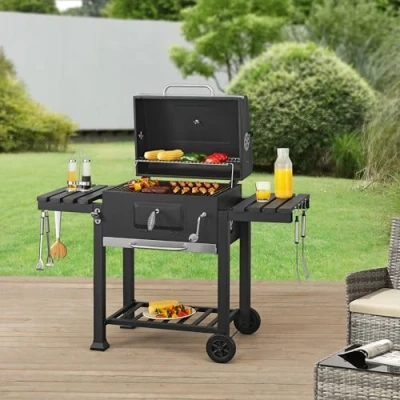 Imagen de casa.pro Barbacoa de Carbón con 2 Ruedas Cajón para Cenizas 3 Estantes Carro Tapa Termómetro Reguladores Ventilación Acero Inoxidable Plástico 105 x 135 48 cm Negro