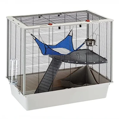 Imagen de Ferplast Confortable jaula para hurones y ratones FURAT, Estructura en varios niveles con accesorios incluidos, Esquinas reforzadas, alambre barnizado negro plástico, 78 x 48 h 70 cm
