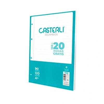 Imagen de CASTERLI Recambio 100 Hojas con margen. Tamaño A4, 4 Taladros, Papel de 90 gr (PAUTA 2,5 MM, A4)