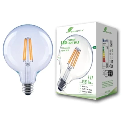 Imagen de greenandco bombilla de filamento LED transparente E27 G125 7,2W 1521lm sustituye A 100W 3000K blanco cálido 320 230V sin parpadeo clase energética no regulable