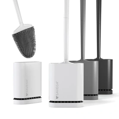 Imagen de SAVEGA Escobilla de baño silicona con cabeza plana y flexible inodoro soporte secado rápido Moderno cepillo para montaje en pared sin taladrar