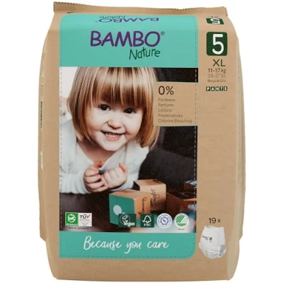 Imagen de Bambo Nature Pañales talla 5 (11 17 kg) 19 unidades tipo braguita con protección mejorada contra derrames Máxima comodidad y libertad para los bebés activos Dermatológicamente probados