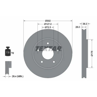 Imagen de TEXTAR PRO 92181503 Disco de freno 302 28 05/05 127 ventilación externa revestido sin perno sujeción rueda, buje rueda