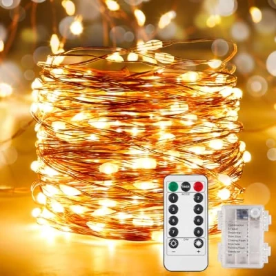 Imagen de Ariceleo Guirnalda de Luces LED 10m, 1 Paquete 100 Hadas a Pilas, Alambre Cobre Blanco Cálido con Remoto, Temporizador &amp; Modo Centelleante, Ideal para Exterior Dormitorio Bodas Navidad